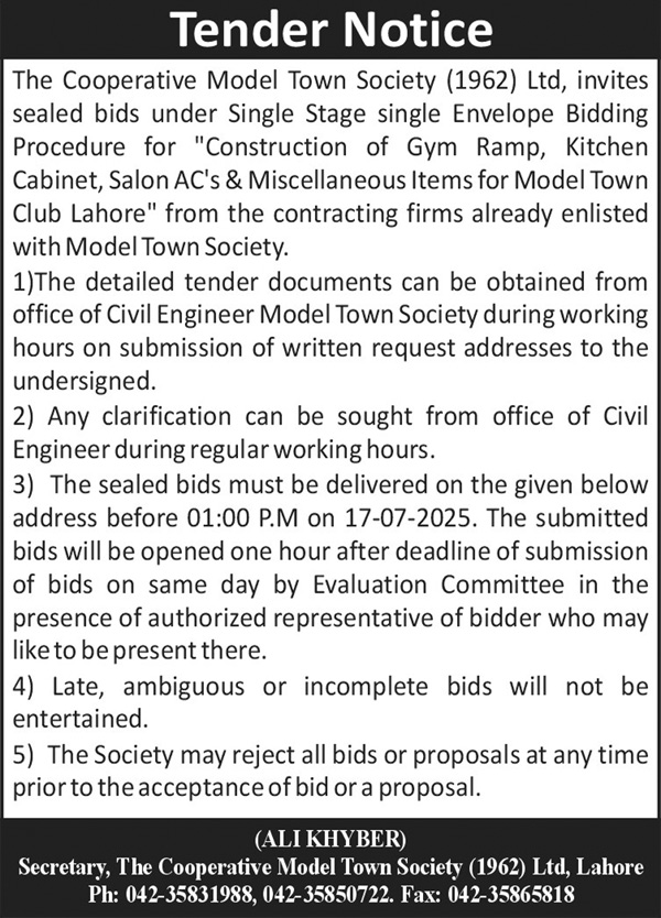 The Cooperative Model Town Society Lahore Tender Notice